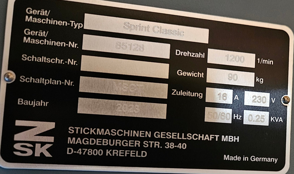 Used - 2023 ZSK Sprint Classic Embroidery Machine